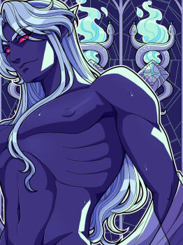 1boy blue_fire dark_skin drow elf fire koshetz long_hair looking_at_viewer male_focus nipples original pointy_ears red_eyes see-through_clothes shawl silk snake solid_eyes spider_web sweat white_hair