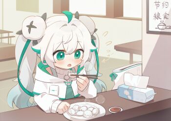 Rule 34 | 1girl, ahoge, aqua hair, blush, bowl, chinese food, chinese text, chopsticks, commentary request, dumpling, flying sweatdrops, food, gradient hair, green eyes, green hair, hair ornament, highres, holding, holding chopsticks, indoors, jacket, jiaozi, long hair, long sleeves, multicolored hair, official alternate costume, official alternate hairstyle, open mouth, plate, quanmian shidai, ribbon, sitting, solo, steamed bun, streaked hair, table, toilet paper, twintails, wen xiaomian, wenxiaomian family, white hair, white jacket, window