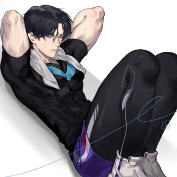 1boy abs absurdres aqua_eyes batman_(series) black_hair black_leggings black_shirt dc_comics dick_grayson exercising hair_between_eyes highres leggings looking_at_viewer male_focus naijarski nightwing parted_lips pectorals purple_shorts shirt shoes short_sleeves shorts simple_background sit-up solo sweat toned toned_male towel towel_around_neck white_background