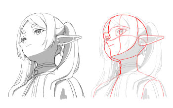 1girl anno_masato closed_mouth earrings elf frieren from_below greyscale guide highres how_to jewelry long_hair looking_at_viewer monochrome pointy_ears sketch smile sousou_no_frieren twintails