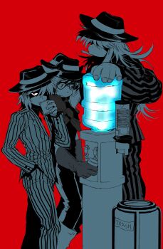 1boy 1girl 1other absurdres bandage_player boots cigarette closed_mouth cup deltarune furry furry_female glasses gloves greyscale greyscale_with_colored_background hair_over_eyes hand_in_pocket hat highres holding holding_cup horns jacket kris_(dark_world)_(deltarune) kris_(deltarune) kris_(gangster)_(deltarune) long_hair long_sleeves looking_at_viewer monochrome mouth_hold necktie pants ralsei ralsei_(gangster) red_background red_eyes red_necktie shirt simple_background spot_color striped_clothes striped_jacket striped_pants susie_(dark_world)_(deltarune) susie_(deltarune) susie_(gangster)_(deltarune) trash_can utdr_(toby_fox) water_cooler