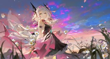 Rule 34 | 1girl, absurdres, anemone (flower), arm strap, arms behind back, black dress, blue sky, bow, breasts, butterfly ornament, chinese commentary, commentary request, cowboy shot, dress, duet night abyss, falling petals, field, floating hair, flower, flower field, gradient sky, grass, green eyes, hair between eyes, head bow, headpiece, highres, holding, holding flower, jellyfish cut, long hair, looking at viewer, multicolored dress, petals, pink bow, pink dress, pink petals, pink sky, psyche (duet night abyss), sidelocks, sky, sleeveless, sleeveless dress, small breasts, smile, solo, tracyton, very long hair, white hair