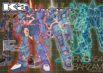 barzam english_text green_eyes gundam gundam_sentinel katoki_hajime mecha mobile_suit mono-eye no_humans official_art one-eyed refined_barzam robot sensor zeta_gundam