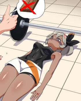 1girl 1other anger_vein barbell bea_(pokemon) blood blood_splatter bloody_knuckles blue_eyes bodysuit bodysuit_under_clothes bouncing_breasts breasts covered_navel dark-skinned_female dark_skin disembodied_hand grey_hair hair_ribbon highres large_breasts looking_at_another lying motion_lines nintendo on_back on_floor pokemon pokemon_swsh ribbon shorts thumbs_up tile_floor tiles tooth zuchysdraws