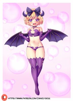 1girl bare_shoulders bat_wings bikini blonde_hair blush boots bow bra clenched_hands clothing_cutout demon_girl elbow_gloves elly_(tonari_no_kyuuketsuki-san) fang female_focus full_body gloves hair_bow happy heart_cutout highres horns large_bow loli looking_at_viewer midriff official_alternate_costume open_mouth panties patreon_logo patreon_username purple_boots purple_bow purple_bra purple_eyes purple_panties revealing_clothes short_hair side_cutout simple_background smile solo standing stomach swimsuit thigh_boots thighs tonari_no_kyuuketsuki-san underwear unholysoul vampire w_arms wings
