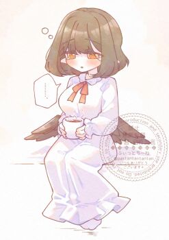 ... 1girl alternate_costume bird_wings blush breasts brown_hair brown_wings commentary_request cup dress feathered_wings fittoti_ne full_body highres holding holding_cup long_sleeves medium_breasts mug no_headwear open_mouth partial_commentary pointy_ears red_eyes shameimaru_aya sitting sleepy solo spoken_ellipsis squeans steam touhou watermark white_dress wings