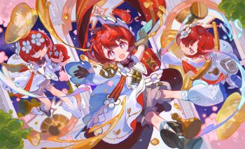 +_+ 4girls absurdres asymmetrical_legwear bandages bandages_over_eyes belt black_boots black_gloves boots bright_pupils bush capelet chess_piece chibi child closed_mouth dress envelope eyelashes falling floating_clothes floating_hair flower flower-shaped_pupils frilled_sleeves frills full_body gloves grey_belt grey_shorts hair_flower hair_ornament hair_over_eyes hair_over_one_eye head_wreath highres holding holding_envelope honkai:_star_rail honkai_(series) leg_belt long_dress long_sleeves looking_at_viewer mismatched_legwear multiple_girls nemo_(ani1995) night o-ring o-ring_belt open_mouth outdoors outstretched_arms parted_lips puffy_long_sleeves puffy_sleeves purple_eyes second-party_source shorts shorts_under_skirt single_sleeve sleeves_past_wrists smile symbol-shaped_pupils tareme trianne_(honkai:_star_rail) tribbie_(honkai:_star_rail) trinnon_(honkai:_star_rail) triplets white_boots white_capelet white_dress white_flower white_pupils