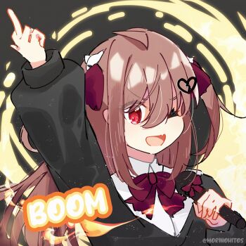 1girl :d ahoge arm_up black_background black_cardigan bow bowtie brown_hair cardigan collared_shirt commentary double-parted_bangs english_commentary evil_neuro-sama fang fire hair_between_eyes hair_ornament hair_ribbon highres holding holding_microphone idol light_particles long_hair long_sleeves looking_at_viewer microphone middle_finger morinohito music neuro-sama off-shoulder_cardigan one_eye_closed open_mouth portrait red_bow red_bowtie red_eyes red_ribbon ribbon shirt singing skin_fang skull_hair_ornament smile solo twitter_username two_side_up v-shaped_eyebrows vedal_ai white_shirt