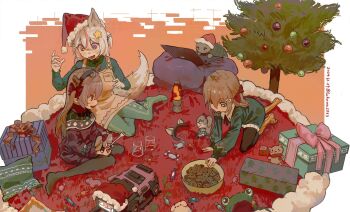 1boy 3girls ahoge animal_ears annytf antlers black_pantyhose bowl brown_hair candy chinese_commentary christmas_present christmas_tree commentary_request computer cookie cup dress evil_neuro-sama fake_antlers food food_in_mouth fork fox_ears fox_girl fox_tail frog_hat from_above fumo_(doll) gift green_dress green_pantyhose green_shirt hair_between_eyes hair_ornament hair_ribbon hat heart heart_hair_ornament highres holding holding_fork holding_stuffed_toy horns indie_virtual_youtuber laptop lava_lamp lexingzi long_hair long_sleeves mouth_hold multiple_girls neckerchief neuro-sama neuro-sama_(dog) non-humanoid_robot open_mouth pantyhose pillow purple_eyes red_dress red_neckerchief red_ribbon reindeer_antlers ribbon robot robot_animal robot_dog santa_hat shirt sitting socks stuffed_animal stuffed_toy tail teddy_bear unworn_headwear vedal987 virtual_youtuber wariza wide_shot yellow_dress yellow_socks