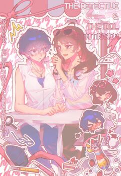 2girls blue_eyes blue_hair blush brown_hair cake cake_slice character_name commentary commission cup cusiem_se english_commentary eyewear_on_head feeding food hat highres holding holding_spoon houndstooth houndstooth_background jewelry kujikawa_rise long_hair long_sleeves looking_at_another magnifying_glass multiple_girls necklace open_mouth pants parfait patterned_background persona persona_4 persona_4_the_golden pink-framed_eyewear shirogane_naoto shirt short_hair simple_background sitting smile spoon sunglasses table unworn_eyewear unworn_hat unworn_headwear white_shirt yuri