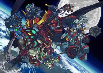 aburaya_tonbi baikanfu battle chibi clenched_teeth fighting fighting_stance getter_robo giant_robo gundam gurren-lagann layzner machine_robo machine_robo_chronos_no_dai_gyakushuu moon overman_king_gainer robot shin_getter_robo space spacecraft super_robot_wars teeth tengen_toppa_gurren_lagann turn_a_gundam xabungle zambot_3