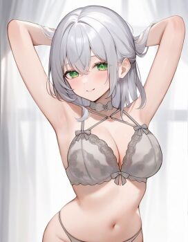 1girl aria_(ariacue) arms_behind_head arms_up blush bow bow_bra bra breasts choker cleavage commentary curtains green_eyes grey_bra grey_choker grey_hair grey_panties highres hololive large_breasts looking_at_viewer medium_hair navel panties parted_lips shirogane_noel smile solo stomach underwear underwear_only virtual_youtuber