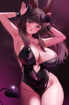 1girl animal_ears arms_up bare_arms bare_shoulders black_horns black_leotard black_nails black_tail blush breasts brown_hair cleavage collarbone cowboy_shot curled_horns demon_girl demon_horns demon_tail embarrassed fake_animal_ears final_fantasy final_fantasy_xiv fingernails freckles heart highres horns large_breasts leotard long_fingernails long_hair looking_at_viewer mole mole_on_thigh mole_under_mouth open_mouth playboy_bunny purple_background rabbit_ears rabbit_pose shhilee signature solo strapless strapless_leotard sweat sweatdrop tail teeth thighs upper_teeth_only viera wrist_cuffs yellow_eyes