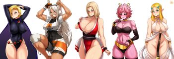 5girls :d ? abs absurdres android_18 android_21 android_21_(cosplay) animal_ears arm_at_side armor arms_behind_head arms_up artist_name ashido_mina bad_id bad_twitter_id bare_shoulders barefoot bat_wings bea_(pokemon) bea_(pokemon)_(cosplay) black_bodysuit black_hairband black_legwear black_leotard black_sclera blonde_hair blue_eyes blush bodysuit bodysuit_under_clothes boku_no_hero_academia bracelet breasts brown_eyes celestine_lucullus celestine_lucullus_(cosplay) cleavage cleft_of_venus collarbone colored_sclera colored_skin commentary commentary_request cosplay covered_erect_nipples covered_navel covering_nipples covering_privates cowboy_shot crossover curious curvy dark-skinned_female dark_skin dc_comics demon_girl donut dragon_ball dragon_ball_fighterz dragonball_z earrings embarrassed facial_mark fatal_fury female_focus food forehead_mark gloves gold_bracelet green_eyes grey_background hair_intakes hair_ornament hairband hairclip hand_up highres hoop_earrings horns huge_breasts japanese_armor jewelry jmg knee_pads kote kuroinu_~kedakaki_seijo_wa_hakudaku_ni_somaru~ large_breasts leotard long_eyelashes long_hair looking_at_viewer looking_down low_twintails majin_android_21 majin_android_21_(cosplay) mature_female medium_hair mirko multiple_crossover multiple_girls multiple_views nail_polish naruto_(classic) naruto_(series) navel neck_ring neckwear_request ninja nintendo no_bra no_panties obi open_mouth pantyhose partially_fingerless_gloves pelvic_curtain pink_hair pink_skin pointy_ears pokemon pokemon_swsh princess_zelda print_legwear print_shirt print_shorts purple_legwear rabbit_ears rabbit_girl raven_(dc) raven_(dc)_(cosplay) red_eyes red_nails revealing_clothes sash see-through_clothes shiny_skin shiranui_mai shiranui_mai_(cosplay) shirt short_hair shorts signature simple_background single_glove skin_tight sleeved_leotard smile spoken_question_mark standing sweatdrop swimsuit teen_titans the_king_of_fighters the_legend_of_zelda the_legend_of_zelda:_breath_of_the_wild thick_thighs thighhighs thighs tied_shirt toned tongue tsunade_(naruto) twintails two-tone_gloves white_background white_hair wings wristband yellow_eyes yellow_horns