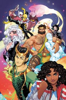 Rule 34 | 3boys, 6+girls, america chavez, arm around shoulder, arm hair, armor, black cat (marvel), black gloves, black hair, breasts, brown eyes, brown hair, character request, chest hair, cleavage, clenched hand, colored skin, comic cover, commentary, crescent, crescent necklace, crossed arms, curly hair, dark-skinned female, dark skin, deadpool (series), domino mask, earrings, english commentary, eye mask, fake horns, felicia hardy, fingerless gloves, floating hair, gloves, glowing, green armor, green eyes, green shirt, grin, gwenpool, hat, hercules (marvel), highres, horned headwear, horns, iceman (x-men), in-franchise crossover, jewelry, large breasts, lgbt pride, loki (marvel), long hair, looking at viewer, marvel, mask, multiple boys, multiple girls, muscular, muscular male, necklace, nico minoru, official art, russell dauterman, scale armor, shirt, short hair, smile, spider-man (series), star (symbol), star earrings, superhero costume, thor (marvel) (series), topless male, trait connection, white hair, white skin, witch, witch hat, x-men, young avengers