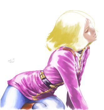 1girl 2016 ayk-rs401i blonde_hair closed_eyes commentary_request cowboy_shot dated earth_federation gundam highres jacket long_sleeves military_uniform mobile_suit_gundam pants parted_lips pink_jacket sayla_mass short_hair u_u white_pants