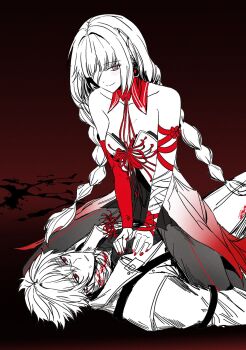 1boy 1girl assertive_female bandage_over_one_eye bandaged_arm bandaged_neck bandages bare_shoulders black_pantyhose blood blood_on_neck bloody_bandages blunt_bangs boutonniere braid breasts cleavage commentary_request corsage couple dark_background detached_collar detached_sleeves dress earrings flower front-seamed_legwear halter_dress halterneck hands_on_another&#039;s_chest hetero highres hoop_earrings ilsijeongj2213 jewelry korean_commentary lapels light_blush long_hair low_twin_braids lying medium_breasts microdress notched_lapels oc_x_canon on_back one_eye_covered original pantyhose parted_lips phrolova_(wuthering_waves) pleated_dress red_background red_bandage red_eyes red_flower red_nails red_pupils red_sleeves red_theme rether_(ilsijeongj2213) seamed_legwear short_hair showgirl_skirt single_detached_sleeve single_earring sleeve_garter sleeveless sleeveless_dress smile spider_lily spot_color straddling sweatdrop symbol-shaped_pupils twin_braids unamused very_long_hair very_short_hair wing_collar wuthering_waves
