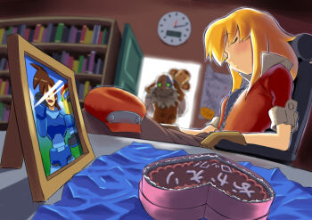 1boy 1girl backlighting barrell_caskett_(mega_man) beard blanket blonde_hair blurry bodystocking bookshelf newsboy_cap calendar_(object) candy chair chocolate chocolate_heart clock data_(mega_man) depth_of_field door doorway dutch_angle facial_hair fisheye food gloves glowing glowing_eyes green_eyes hat heart indoors long_hair mega_man_(series) mega_man_legends_(series) mega_man_legends_3 mega_man_volnutt monkey photo_(object) rog_rockbe roll_caskett_(mega_man) short_hair sleeping sleeping_upright zipper