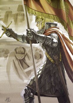 1girl armor blonde_hair cape commentary_request feet_out_of_frame flag flagpole from_side gauntlets headpiece holding holding_flag holding_sword holding_weapon kaze_no_tani_no_nausicaa kiss kushana long_sleeves oonishi_kouichi open_mouth people profile red_cape scabbard scale_armor sheath short_hair signature solo_focus standing sword unsheathed weapon