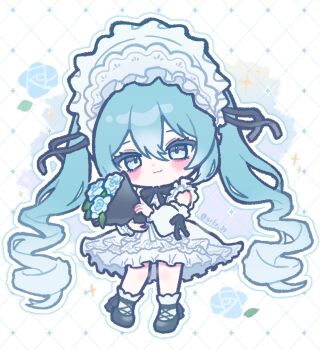 1girl :3 black_ribbon black_shoes blue_eyes blue_flower blue_hair blue_rose blush bonnet bouquet chibi chibi_only closed_mouth commentary_request detached_sleeves double-parted_bangs dress flower full_body hair_between_eyes hair_ribbon hatsune_miku highres holding holding_bouquet leaf long_hair long_sleeves looking_at_viewer outline ribbon rose shoes sleeveless sleeveless_dress smile socks solo sparkle standing surikiri twintails twitter_username vocaloid white_background white_bonnet white_dress white_outline white_sleeves white_socks