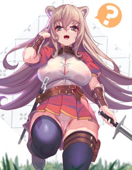 1girl ? absurdres animal_ears arm_at_side arm_warmers belt black_thighhighs breasts brown_arm_warmers brown_belt brown_hair button_gap cameltoe cleavage commentary_request covered_erect_nipples eyelashes fangs floating_hair from_below grass green_eyes hair_between_eyes hand_up highres holding holding_sword holding_weapon large_breasts long_hair looking_at_viewer miniskirt open_mouth original panties pleated_skirt puffy_short_sleeves puffy_sleeves raccoon_ears red_skirt see-through_clothes see-through_shirt shirt short_sleeves sidelocks simple_background skin_fangs skindentation skirt solo speech_bubble spoken_question_mark standing standing_on_one_leg straight-on sweat sword thighhighs thighs tongue underwear usd_(wwkr2537) very_long_hair weapon wet wet_clothes wet_shirt white_background white_panties white_shirt zettai_ryouiki