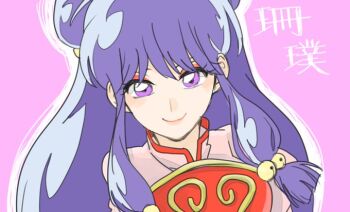 1girl china_dress chinese_clothes double_bun dress hair_bun highres long_hair open_mouth pink_eyes purple_hair ranma_1/2 shampoo_(ranma_1/2) sidelocks