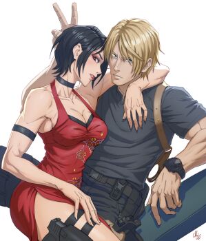 1boy 1girl absurdres ada_wong arm_around_neck bare_shoulders black_choker black_hair black_pants black_shirt blonde_hair blue_eyes breasts brown_eyes bunny_ears_prank choker cleavage closed_mouth commentary commission couple dress english_commentary eyeshadow furrowed_brow gun handgun hetero highres holster large_breasts leon_s._kennedy looking_at_viewer makeup pants parted_lips princechibi red_dress red_eyeshadow resident_evil resident_evil_4 shirt short_hair side_slit thigh_holster toned toned_female upper_body v watch weapon white_background wristwatch