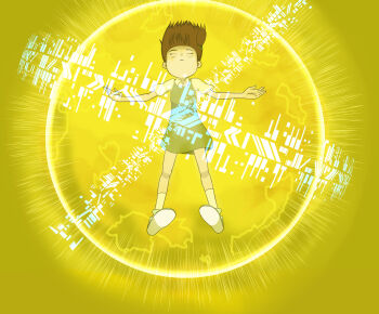 Rule 34 | 1girl, absurdres, biomerge, brown hair, closed eyes, digimon, digimon tamers, dress, energy, floating, floating hair, full body, green dress, henshin, highres, katou juri, matrix evolution, medium hair, outstretched arms, scrunchie, shirt, shoes, sneakers, socks, solo, transformation, yellow shirt, yellow socks, yellow theme