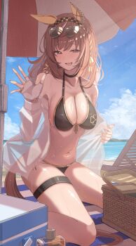 1girl absurdres alternate_costume animal_ears beach beach_mat beach_umbrella bikini blue_sky blush breasts brown_bikini brown_hair brown_tail buena_vista_(umamusume) cleavage cloud cloudy_sky commentary_request day ear_covers eyewear_on_head halterneck hanma_amnah heart heart-shaped_eyewear highres horse_ears horse_girl horse_tail large_breasts looking_at_viewer medium_hair navel open_mouth outdoors picnic_basket see-through_clothes see-through_shirt shirt sky smile solo stomach sunglasses swimsuit tail thighs umamusume umbrella under_umbrella