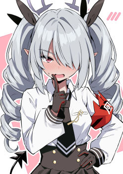 Rule 34 | 1girl, alternate hairstyle, amenocchi, armband, black gloves, black halo, black necktie, blue archive, blush, commentary request, drill hair, gloves, grey hair, halo, hand on own hip, highres, iori (blue archive), long hair, looking at viewer, necktie, open mouth, red armband, red eyes, shirt, solo, tail, twin drills, twintails, white shirt