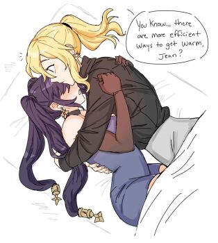 Rule 34 | 2girls, black shirt, blonde hair, blush, commentary, cross, cross earrings, dashingicecream, dress, earrings, elbow gloves, english commentary, english text, genshin impact, gloves, grey skirt, hug, jean (genshin impact), jewelry, long hair, mona (genshin impact), multiple girls, open mouth, ponytail, purple dress, purple hair, red gloves, shirt, skirt, speech bubble, twintails, under covers, yuri