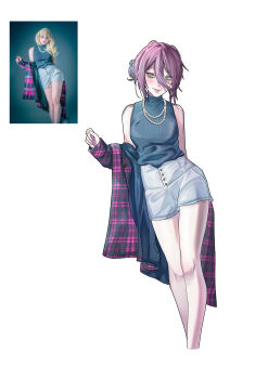 1girl absurdres arm_behind_back bare_shoulders chainsaw_man chinese_commentary commentary_request cropped_legs dadakko flannel green_eyes hair_between_eyes hair_bun hand_up high-waist_shorts highres jacket jacket_partially_removed jewelry long_hair_between_eyes looking_at_viewer messy_hair necklace negative_space pearl_necklace photo-referenced pink_lips purple_hair reference_inset reze_(chainsaw_man) shorts single_hair_bun sleeveless sleeveless_turtleneck smile solo sweater_tucked_in turtleneck white_background white_shorts