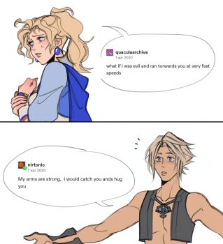 1boy 1girl blue_cape blue_eyes blush cape dissidia_final_fantasy earrings english_text final_fantasy final_fantasy_vi final_fantasy_xii highres in-franchise_crossover jewelry long_hair multiakimo official_alternate_costume outstretched_arms ponytail screenshot_inset short_hair standing sweatdrop tina_branford tumblr_ask vaan_(ff12) vest