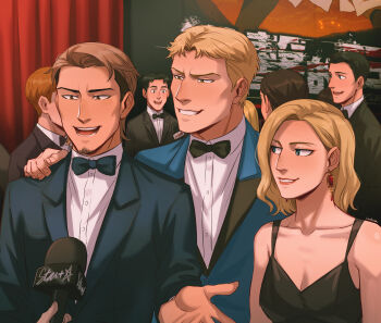 1other 2girls 6+boys alternate_universe annie_leonhart aquiline_nose black_dress blonde_hair blue_eyes bow bowtie brown_hair chalseu character_request collared_shirt dress earrings facial_hair formal_clothes grin hand_on_another's_shoulder highres holding holding_microphone interview jean_kirstein jewelry microphone multiple_boys multiple_girls nose open_mouth poster_(object) reiner_braun shingeki_no_kyojin shirt smile suit white_shirt