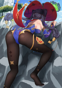 1girl ass back bare_shoulders black_hair black_pantyhose breasts coattails commentary_request detached_sleeves floating_island from_behind genshin_impact grabbing hat large_breasts long_hair mona_(genshin_impact) pantyhose rock sideboob soles tree twintails witch_hat xiaochentan
