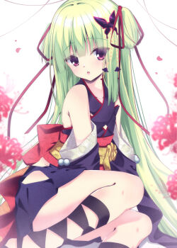 1girl armpit_crease back_bow bare_shoulders black_kimono black_ribbon blunt_bangs blunt_ends blush bow breasts butterfly_hair_ornament commentary convenient_leg criss-cross_halter eyes_visible_through_hair feet_out_of_frame floral_background flower green_hair hair_between_eyes hair_ornament hair_ribbon halterneck highres hime_cut japanese_clothes kimono leg_ribbon long_hair long_ribbon long_sleeves looking_at_viewer murasame_(senren) open_mouth pom_pom_(clothes) red_bow red_eyes red_flower red_ribbon red_sash ribbon sash senren_banka sidelocks simple_background sitting small_breasts solo spider_lily straight_hair sukonbu385 thighs two_side_up very_long_hair watermark white_background wide_sleeves yokozuwari