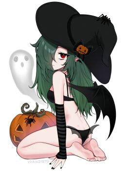 1girl ass bat_wings black_arm_warmers black_bra black_hat black_nails black_panties bra breasts bug butt_crack closed_mouth commentary dimples_of_venus feet full_body ghost green_hair hair_over_one_eye halloween hat highres jack-o&#039;-lantern long_hair looking_at_viewer medium_breasts mole mole_under_eye nail_polish one_eye_covered original panties pointy_ears pumpkin red_eyes seiza sitting soles solo spider striped_arm_warmers toes underwear underwear_only vickie_(cryingrobot) white_background wings witch_hat