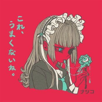 1girl black_eyeliner black_shirt blood blood_drip blood_on_hands blood_string blue_eyes blunt_bangs blush bow curly_hair expressionless eyelashes eyeliner eyeshadow flower green_flower green_necktie green_rose holding holding_flower long_hair long_sleeves maid_headdress makeup natsuko_lariyod necktie original petals red_background rose rose_petals shirt sidelocks simple_background solo thorns