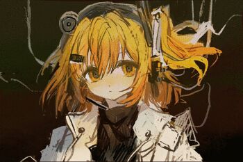 Rule 34 | 1girl, a.i. voice, adachi rei, bad id, bad twitter id, black background, black shirt, blush, cable, casane (c-06), closed mouth, expressionless, floating hair, hair ornament, hairclip, headlamp, headset, jacket, looking at viewer, medium hair, one side up, orange eyes, orange hair, portrait, radio antenna, shirt, simple background, solo, turtleneck, turtleneck shirt, utau, white jacket