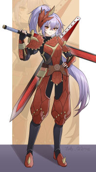 1girl absurdres akafuyu_(arknights) alternate_costume arknights armor artist_name black_gloves bodysuit chinese_commentary commentary_request crossed_bangs fingerless_gloves full_body gloves grin hair_between_eyes hand_on_own_hip highres holding holding_sword holding_weapon jiuyu_qame long_hair looking_at_viewer mask mask_on_head mole mole_under_mouth monster_hunter_(series) multicolored_hair orange_eyes over_shoulder ponytail purple_hair smile solo spiked_armor spikes standing streaked_hair sword vambraces very_long_hair weapon weapon_over_shoulder zoom_layer