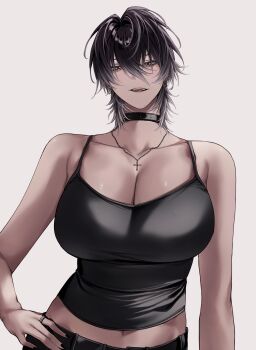 1girl absurdres black_choker black_collar black_hair black_nails black_pants black_tank_top brown_eyes choker collar commentary cross cross_necklace english_commentary gradient_hair highres jewelry long_hair looking_at_viewer may_(ulularts) midriff mole mole_under_eye multicolored_hair navel necklace open_mouth original pants solo tank_top ulularts