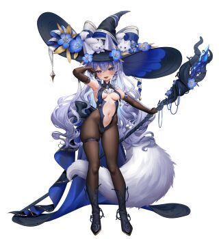 1girl animal_ears armpits black_boots black_pantyhose blue_eyes blush boots breasts cat flower full_body groin hat hat_flower highres holding holding_staff large_hat long_hair looking_at_viewer mage_staff medium_breasts navel open_mouth original pantyhose shangtianrudi_xiaobailang simple_background smile solo staff stomach tail thigh_strap tongue tongue_out waist_cape white_background white_hair witch witch_hat wolf wolf_ears wolf_girl wolf_tail