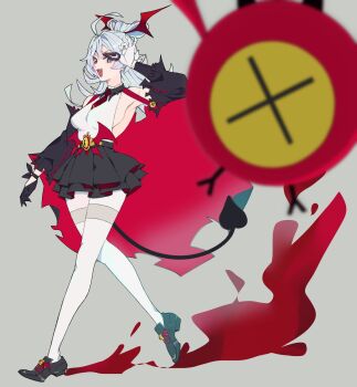 Rule 34 | 1girl, ahoge, armpits, black gloves, black shoes, black skirt, blue eyes, breasts, cape, commentary, demon tail, detached sleeves, eyepatch, fang, general geega, gloves, grey background, grey hair, head wings, heterochromia, highres, large breasts, long hair, looking at viewer, necktie, open mouth, pantyhose, pointy ears, ponytail, red eyes, red necktie, shoes, sideboob, skirt, smile, tail, virtual youtuber, vshojo, walking, white gloves, white pantyhose, wings, yncs 54