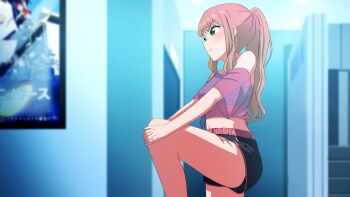 1girl absurdres banana88 bike_shorts black_shorts blue_sports_bra blurry blurry_background blush breasts brown_hair exercising green_eyes gridman_universe hands_on_own_knees highres long_hair midriff minami_yume navel off-shoulder_shirt off_shoulder pink_shirt ponytail poster_(object) see-through_clothes see-through_shirt shirt shorts sports_bra ssss.dynazenon tank_top