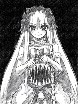 1girl bare_shoulders black_background bow braid breasts bright_pupils closed_mouth cowboy_shot detached_collar detached_sleeves evil_smile eyelashes fate/strange_fake fate_(series) francesca_prelati_(fate) frills greyscale hair_bow hatching_(texture) highres keints leotard lifting_own_clothes light_blush linear_hatching long_hair long_sidelocks long_sleeves looking_at_viewer medium_breasts middle_part monochrome multiple_hair_bows parted_bangs partially_shaded_face ribbon saliva saliva_trail sharp_teeth showgirl_skirt side_braid sidelocks simple_background smile solo standing stomach_mouth straight-on straight_hair striped_clothes striped_leotard teeth upturned_eyes vertical-striped_clothes vertical-striped_leotard very_long_hair very_long_sidelocks