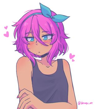 1girl alternate_hair_length alternate_hairstyle aubrey_(faraway)_(omori) aubrey_(omori) blue_eyes blue_hairband blush bob_cut closed_mouth collarbone donuqx double-parted_bangs hair_between_eyes hairband heart looking_at_viewer mole mole_under_eye omori pink_hair pink_nails simple_background solo twitter_username upper_body white_background