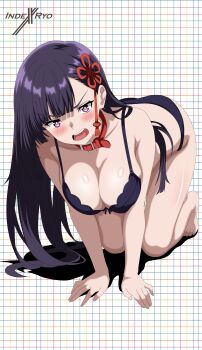 1girl absurdres all_fours artist_logo artist_name barefoot black_bra black_hair black_panties blush bra breasts collar commentary doggystyle english_commentary highres indexryo large_breasts logo long_hair looking_at_viewer mato_seihei_no_slave open_mouth panties purple_eyes red_collar sex sex_from_behind underwear yamashiro_ren