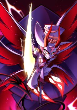 1boy blonde_hair bow bowtie chandllucky circle_facial_mark colored_sclera colored_skin commentary demon_horns demon_tail english_commentary epaulettes hat hazbin_hotel hellaverse highres holding horns lucifer_morningstar_(hazbin_hotel) male_focus multiple_wings pants pink_vest red_sclera sharp_teeth short_hair slit_pupils solo tail tailcoat teeth top_hat vest white_hat white_pants white_skin wings yellow_eyes