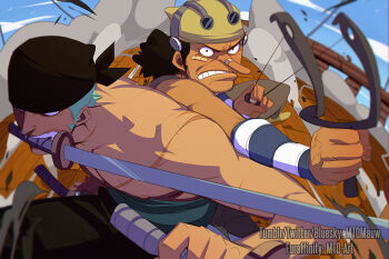 Rule 34 | 2boys, artist name, bandaid, bandaid on cheek, bandaid on face, bandana, black bandana, black eyes, bluesky username, cloud, cloudy sky, commentary, curly hair, english commentary, furaffinity username, holding, holding slingshot, holding sword, holding weapon, katana, long nose, male focus, mouth hold, mto, multiple boys, one piece, outdoors, roronoa zoro, scar, sky, slingshot (weapon), sword, sword in mouth, teeth, topless male, triple wielding, tumblr username, twitter username, usopp, weapon