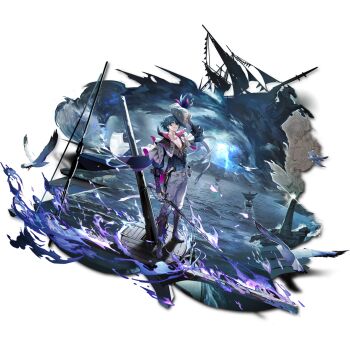 1boy belt blue_hair blue_shirt brant_(wuthering_waves) collarbone gun gunbelt hair_between_eyes hat highres holding holding_sword holding_unworn_clothes holding_unworn_hat holding_weapon lighthouse looking_at_viewer male_focus mask_on_belt mountainous_horizon ocean official_art open_clothes open_shirt pants purple_eyes shirt short_hair smile solo storm sword tacet_mark_(wuthering_waves) transparent_background tricorne unworn_hat unworn_headwear weapon white_belt white_pants wuthering_waves